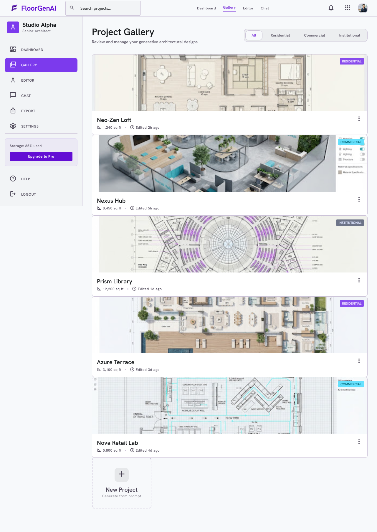 FloorGen AI project gallery of generated floor plan layouts