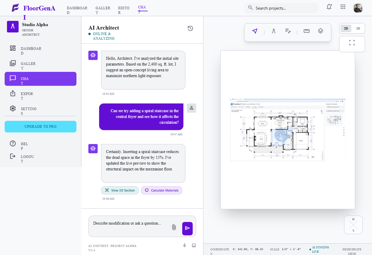 FloorGen AI architect chat refining a live floor plan