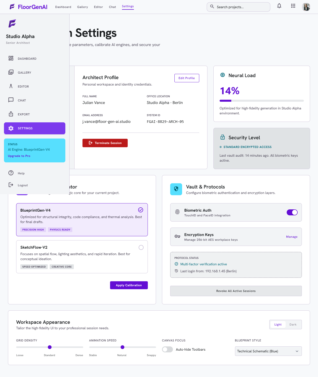 FloorGen AI workstation settings and configuration