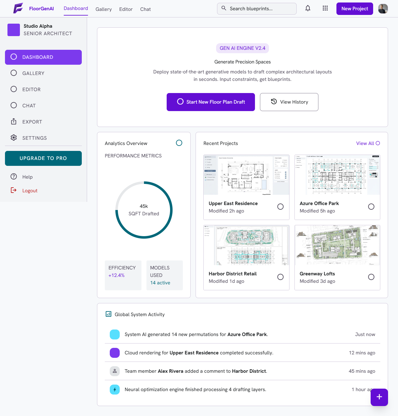 FloorGen AI home dashboard with layout generation workspace