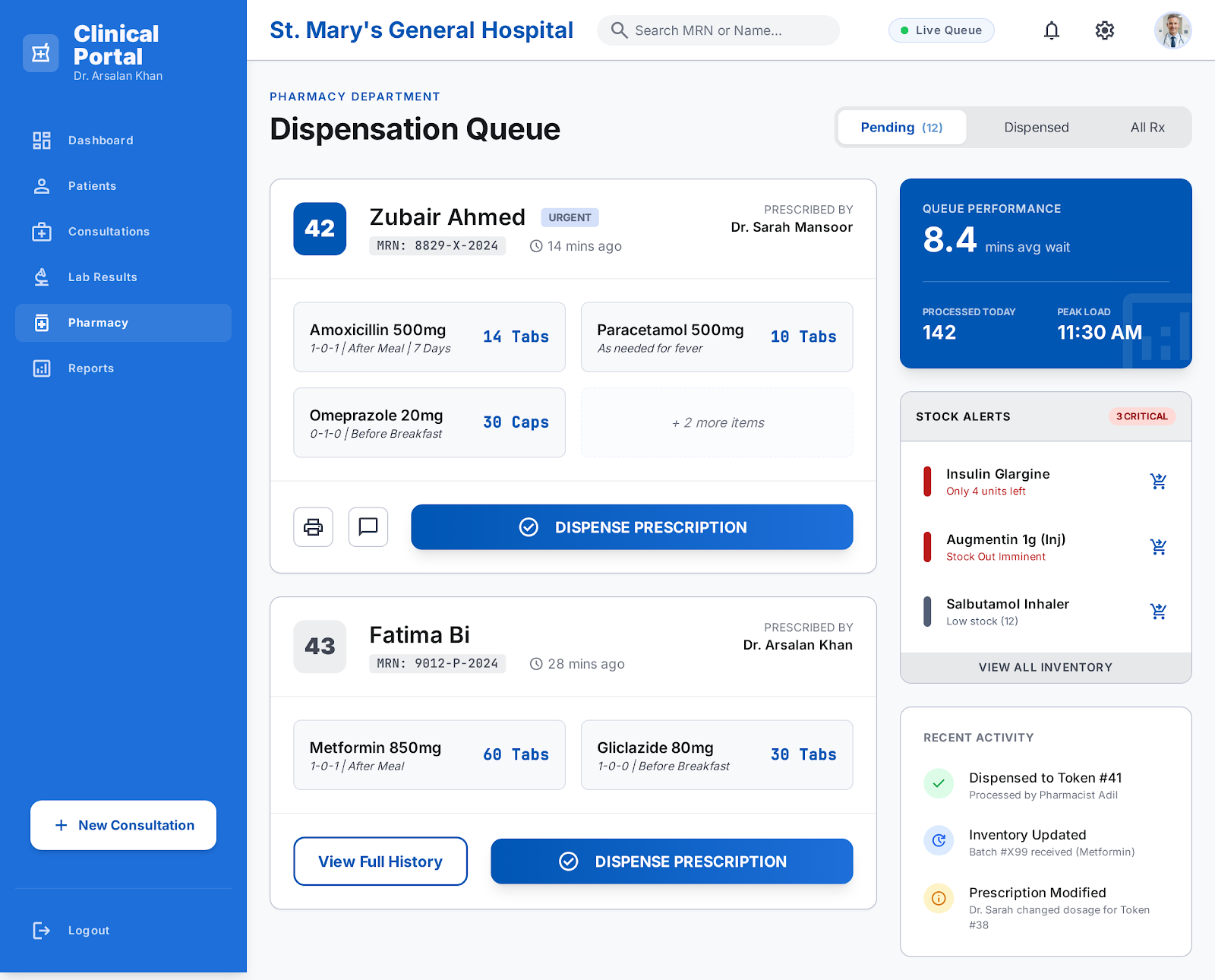 HIMS pharmacy queue desktop interface