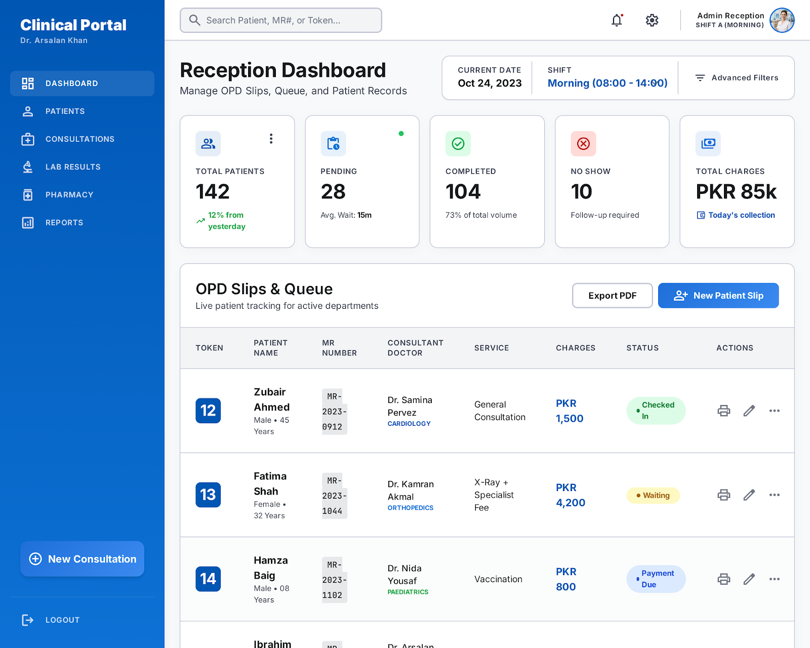 HIMS reception dashboard with patient intake and day overview