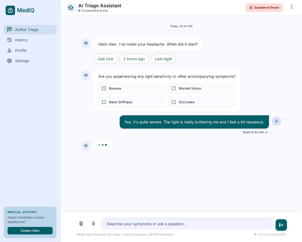 MedIQ AI Triage Assistant chat with symptom intake and escalation