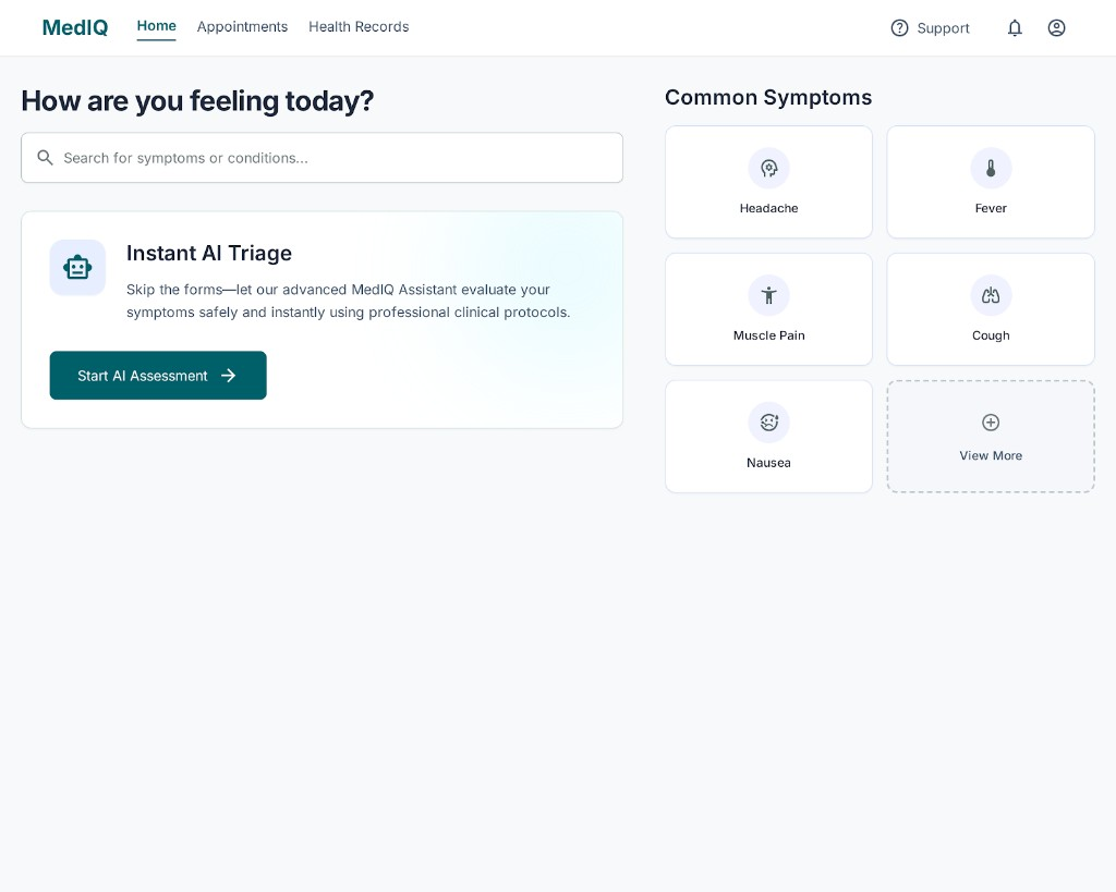 MedIQ home screen with instant AI triage and common symptoms