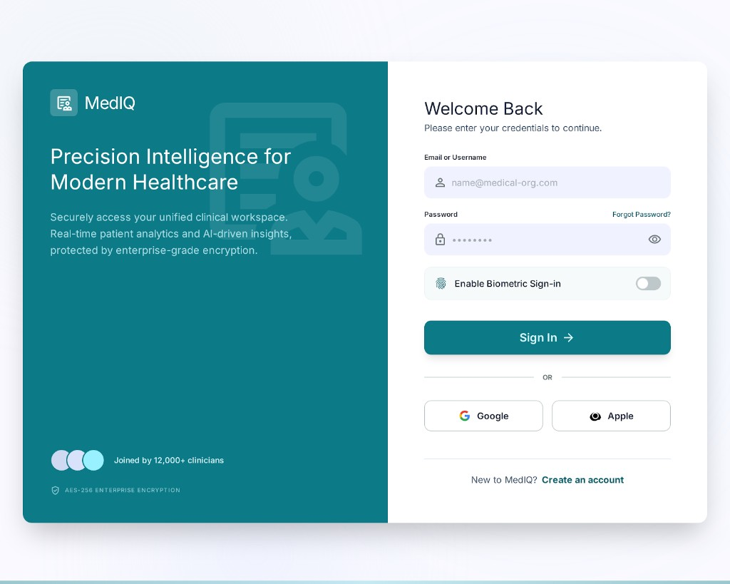 MedIQ secure clinician login with biometric sign-in options