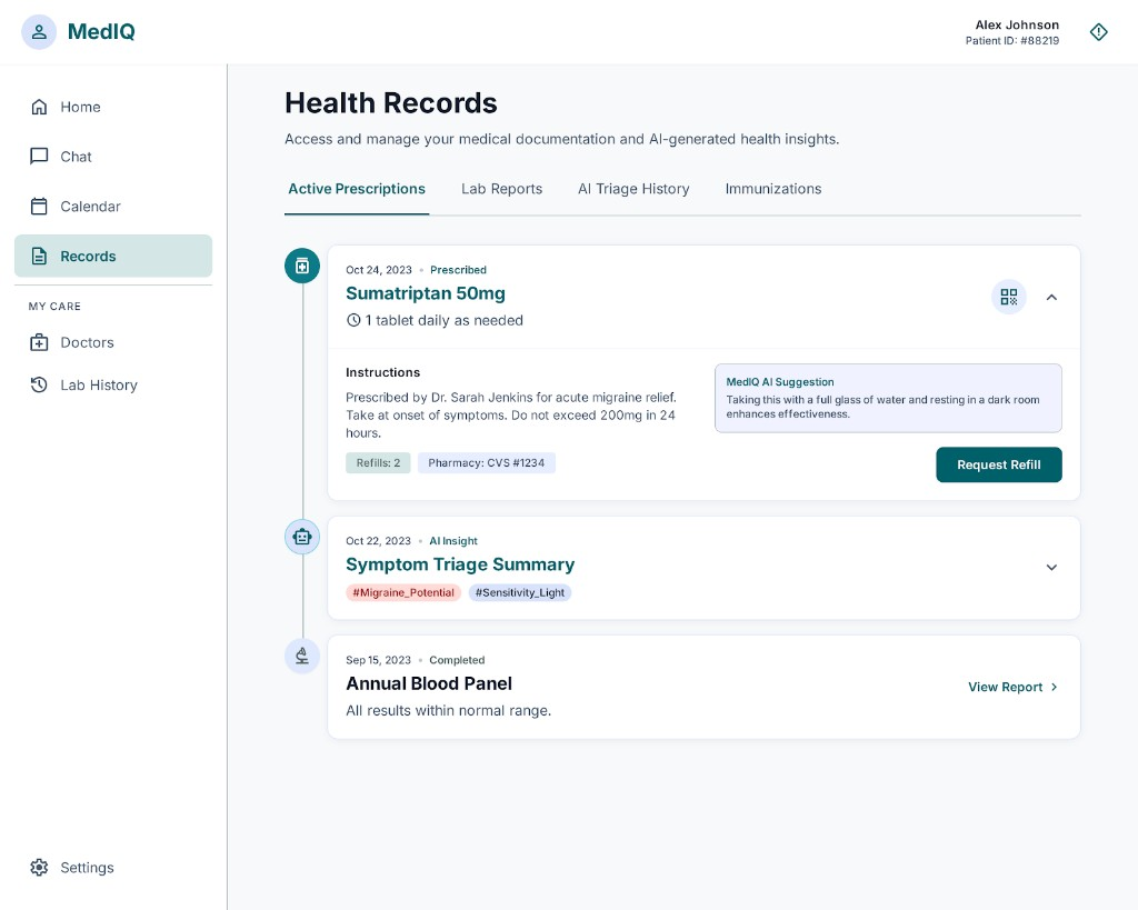 MedIQ health records timeline with prescriptions and AI triage insights