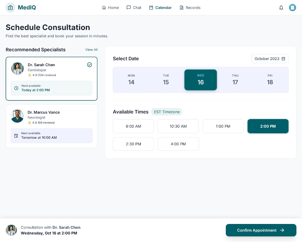 MedIQ schedule consultation with specialist selection and time slots