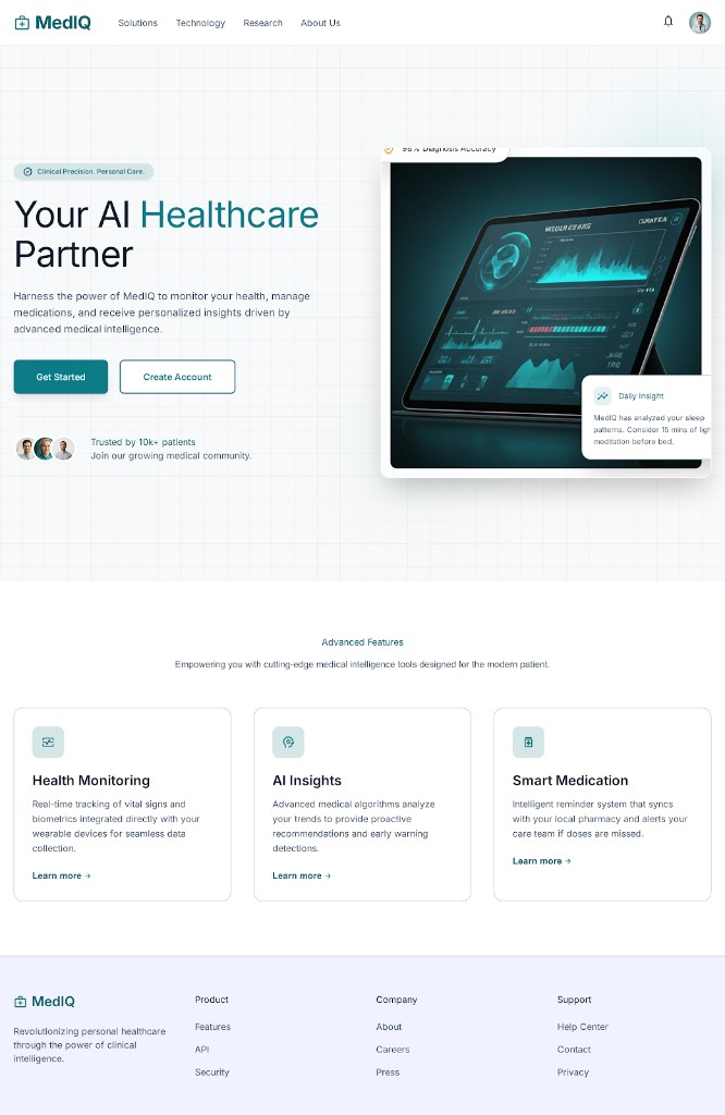 MedIQ product landing page with AI healthcare partner hero