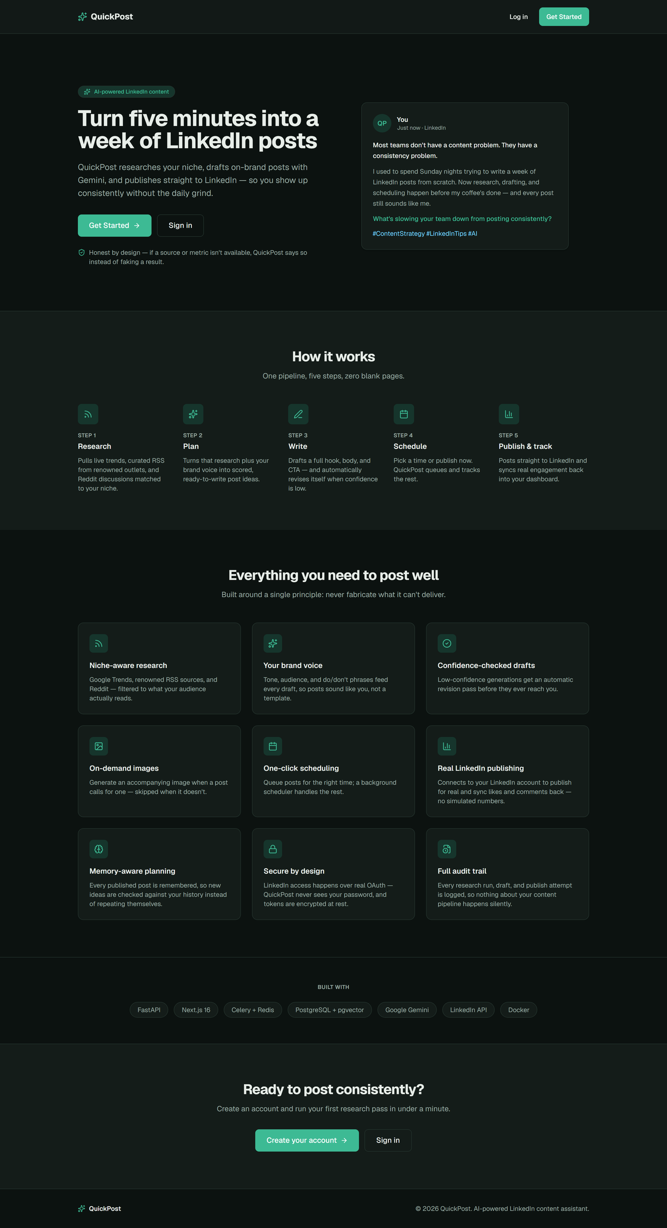 QuickPost landing page with pipeline, features, and tech stack