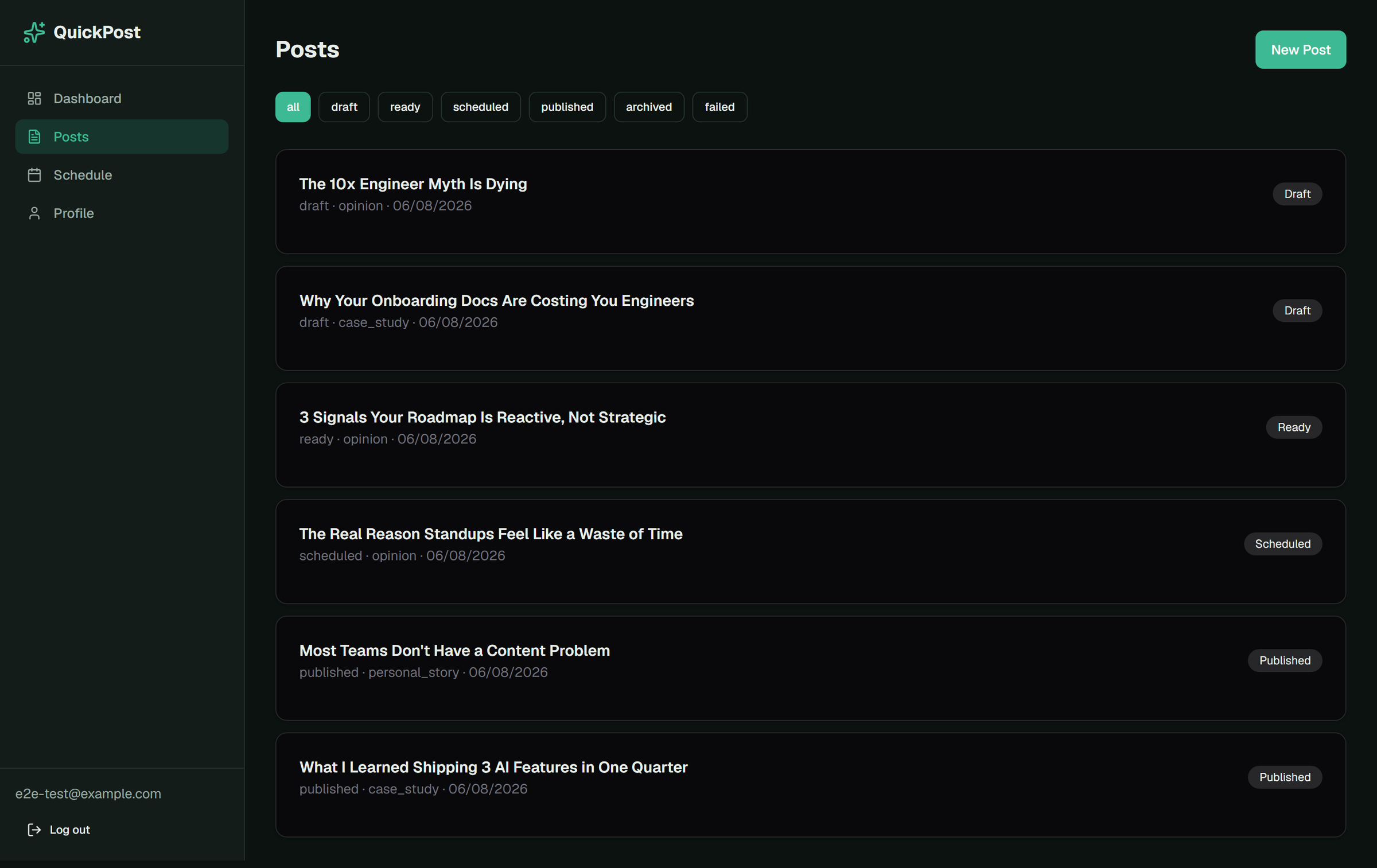 QuickPost posts list filtered by status
