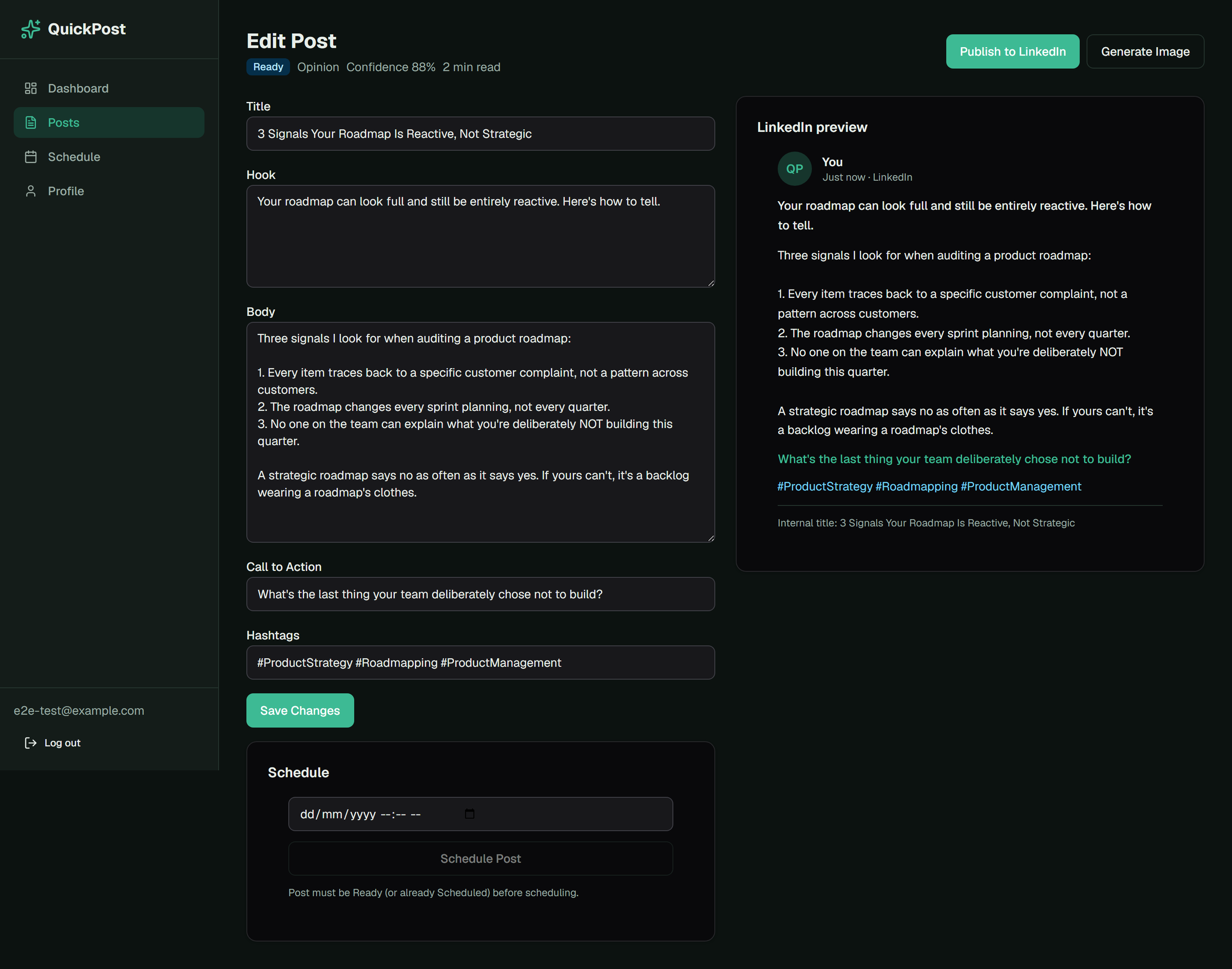 QuickPost post editor with a live LinkedIn preview panel