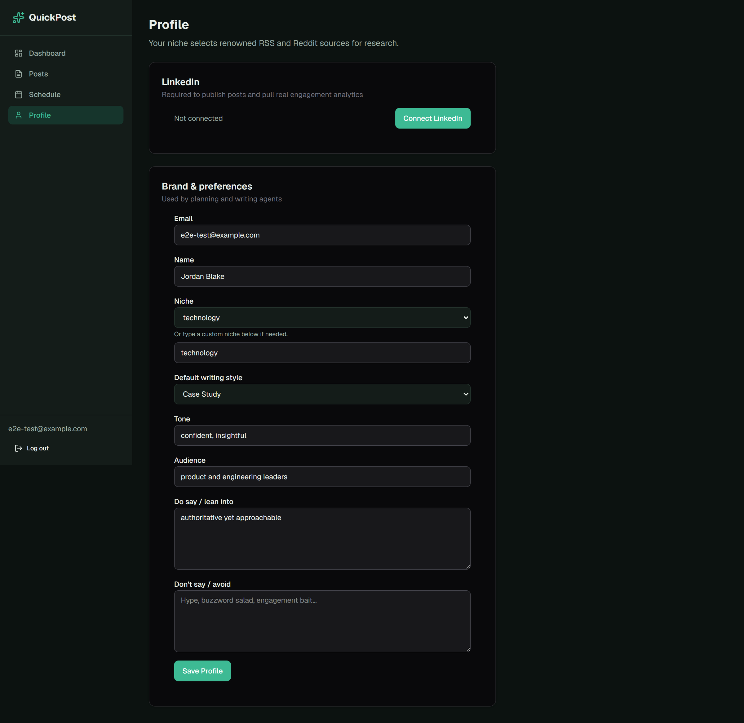 QuickPost profile page with LinkedIn connection and brand voice settings