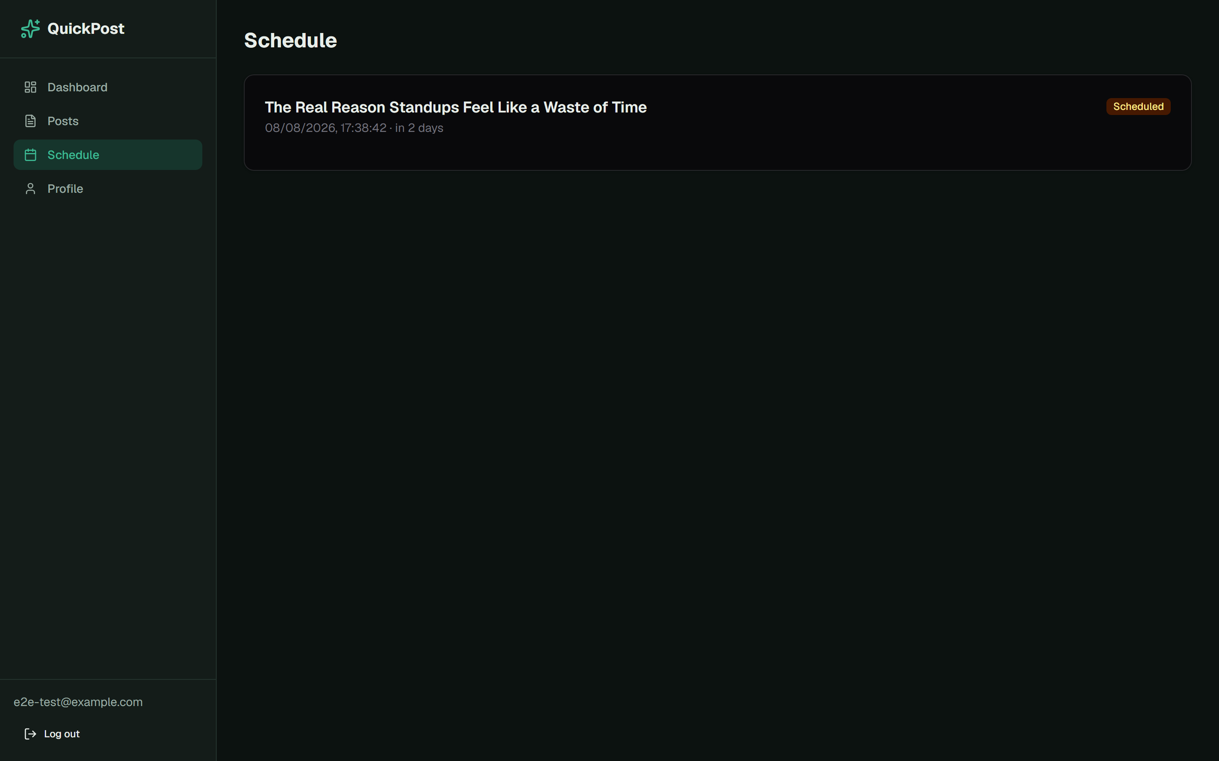 QuickPost schedule page listing upcoming posts