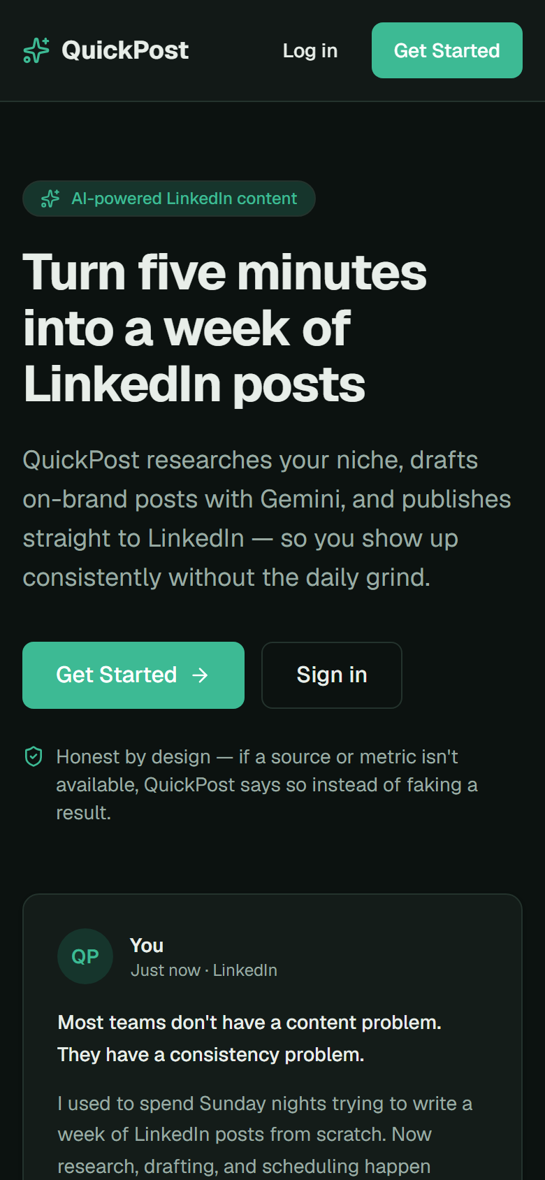 QuickPost landing page rendered on a mobile viewport