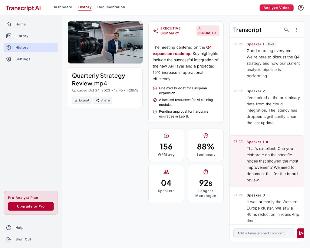 Transcript AI history dashboard with summary metrics and transcript panel