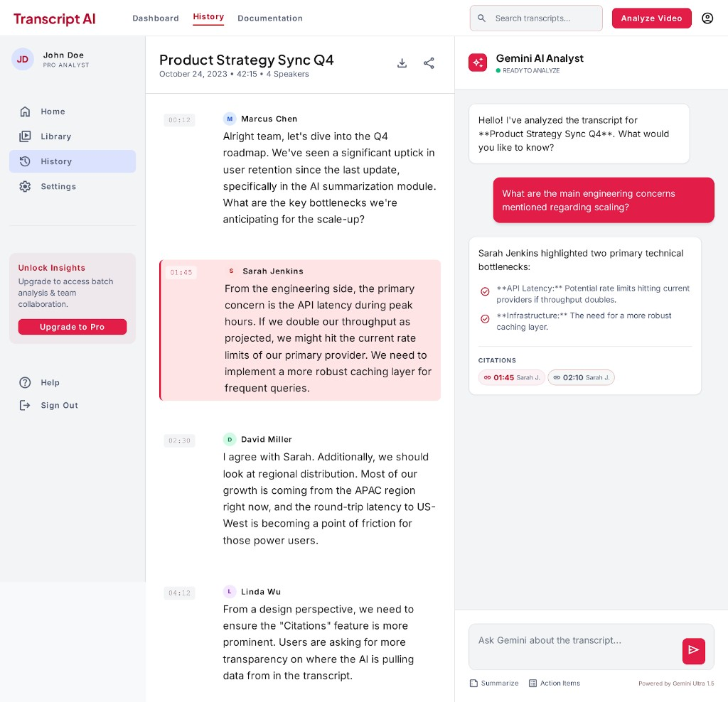 Transcript AI transcript workspace with Gemini AI analyst chat