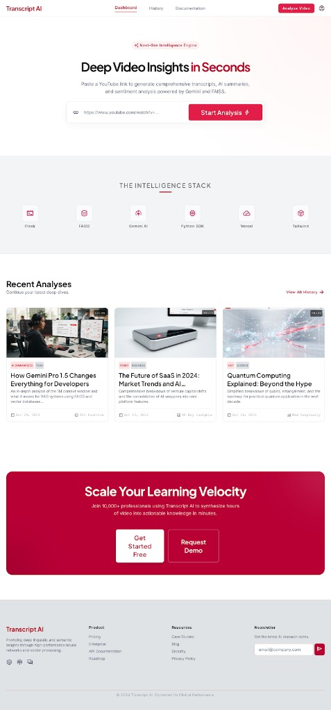 Transcript AI landing page with YouTube URL analysis hero